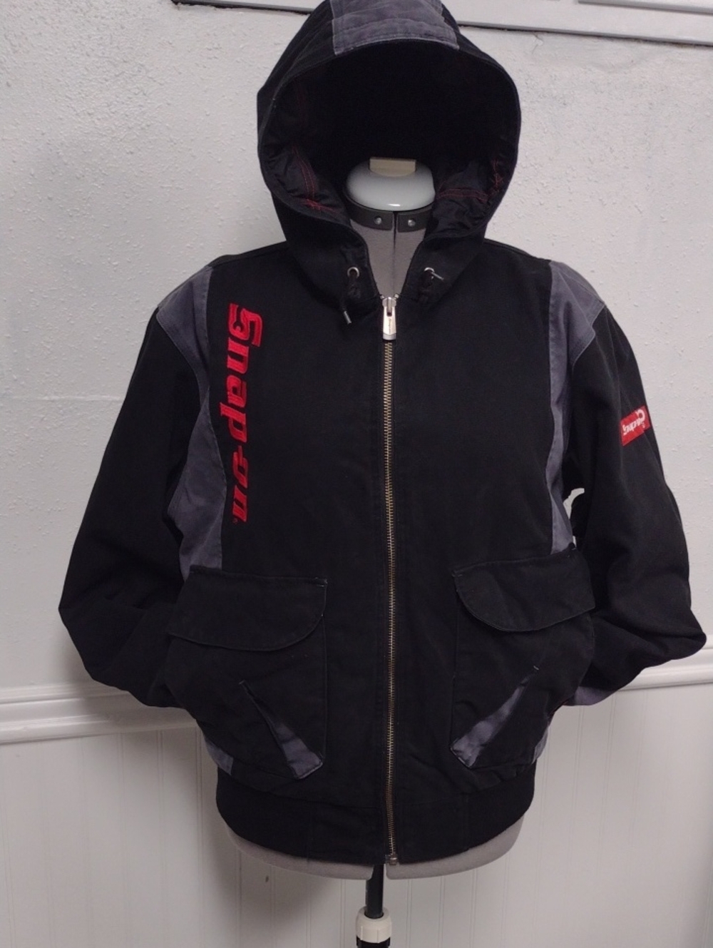 Snap On Hooded Black Work Jacket with Gray Panels and Red Logo